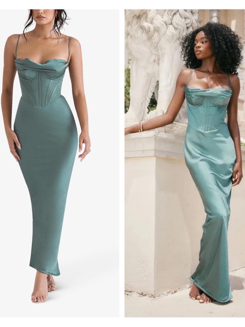 House of CB | Charmaine Corset Maxi Satin Dress XS Plus Cup NWT $285 Pine Green
